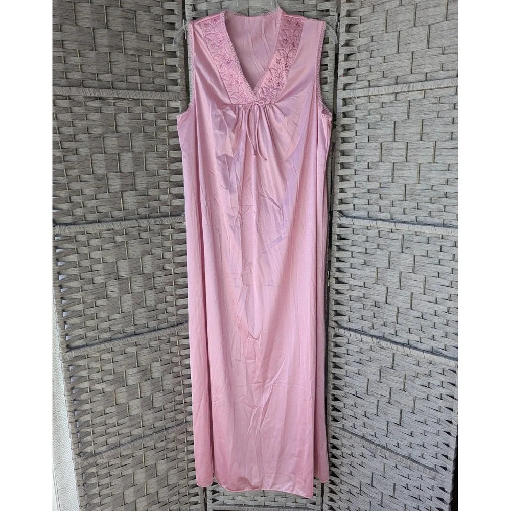 Vtg 80s Deadstock‎ Sleeveless Nightgown Pink Floral Embroidered Lace Trim Sz M